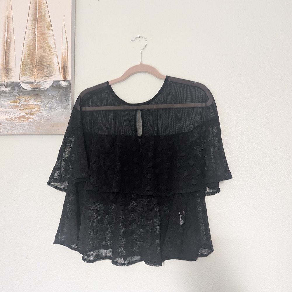 Allen Schwartz Elegant Black‎ Sheer Women's Top Polka Dot Babydoll Size L